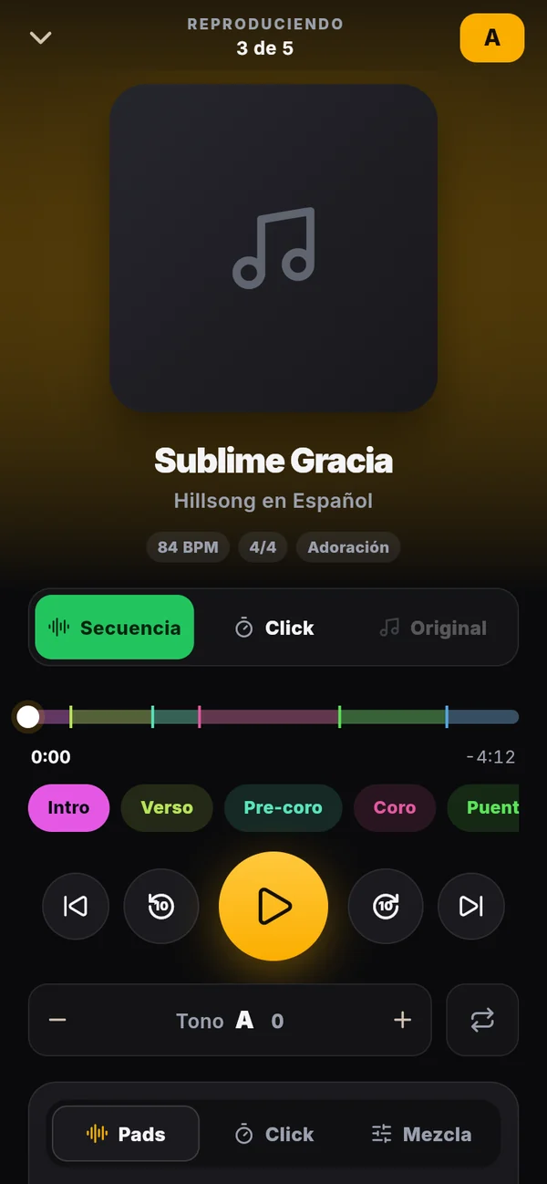 Reproductor de la app móvil con las secciones de la canción
