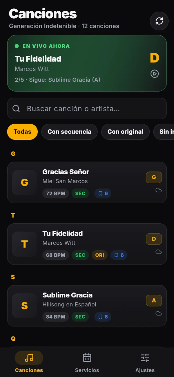 Pestaña Canciones con búsqueda, filtros y En vivo ahora
