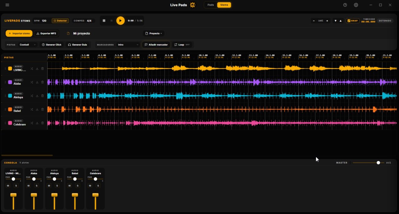 Editor de Stems de Live Pads — separación por IA en una línea de tiempo multipista